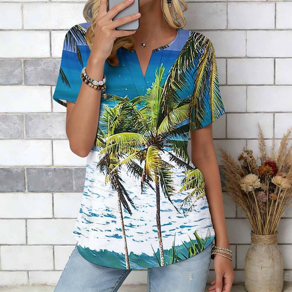 Women Blue Ocean Coconut Palm Beach Print Short Sleeve V Neck Blouse