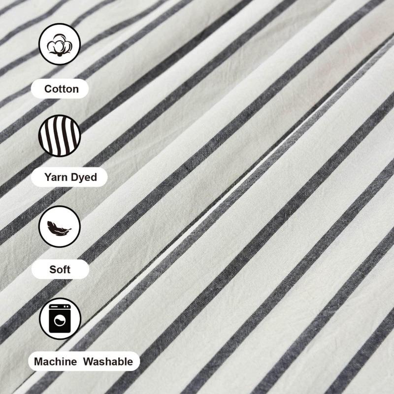 Farmhouse Shower Curtain,Beige and Black Stripe,Button Curtain,Linen and Cotton Woven Fabric,Rustic Charm Country Chic Style