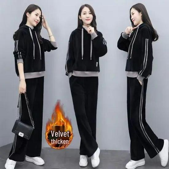 

Women s Winter Gold Velvet Two-Piece Set: Hooded High-Collar Patchwork Hoodie + Wide-Leg Pants M (suitable for 80-100 jin)