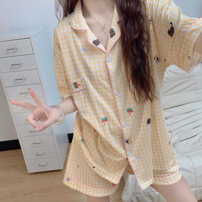 

Пижама женская летняя с коротким рукавом и шортами в клетку в мультяшном стиле из ветрозащитной ткани, комплект из двух предметов 2XL