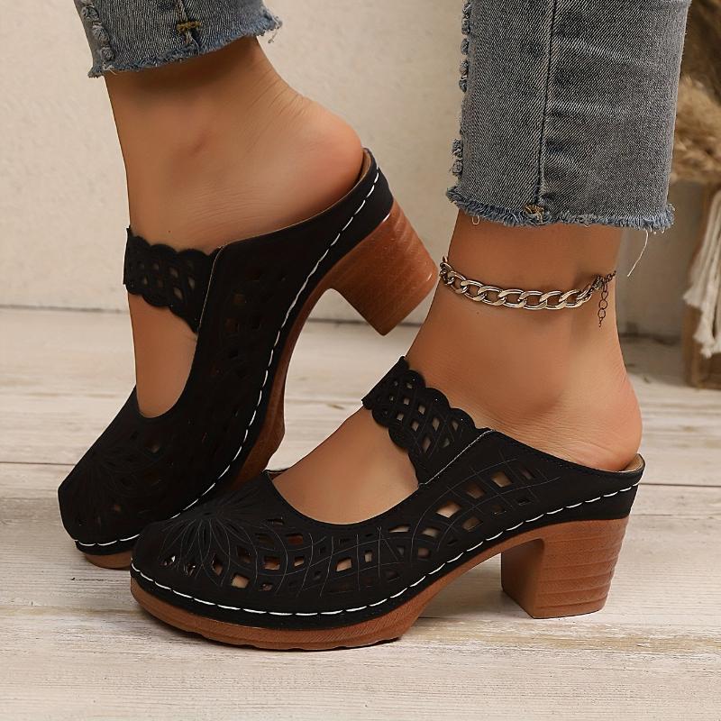 Summer Women's High-heeled Sandals,Elegant Retro Hollow Out Breathable, European and American Style Round Toe Thick Heel Sandals
