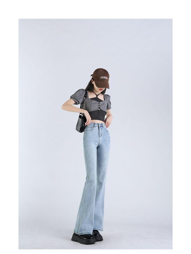 Women's High-Waisted Light Blue Micro-Flared Jeans - 2024 Spring/Autumn Versatile Long Pants.