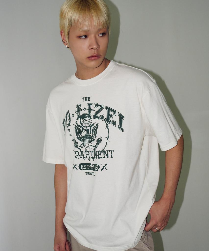 TRAVEL Field Stamp Pigment Short Sleeve T-Shirt Cream