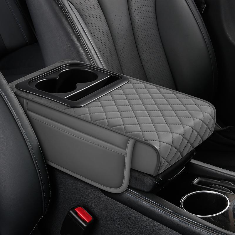 Multifunctional Car Armrest Box Booster Pad, High-Quality Pu Leather, with Double Cup Holder, Side Storage Bag, Mobile Phone Storage, Essent