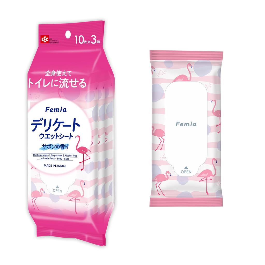 LEC Delicate Wet Mini Pack x 3 Made in Originally Made from Baby Wipes Women's Wipes, Femia, 10-Sheet (Soap Scent), Flushable, Japan,