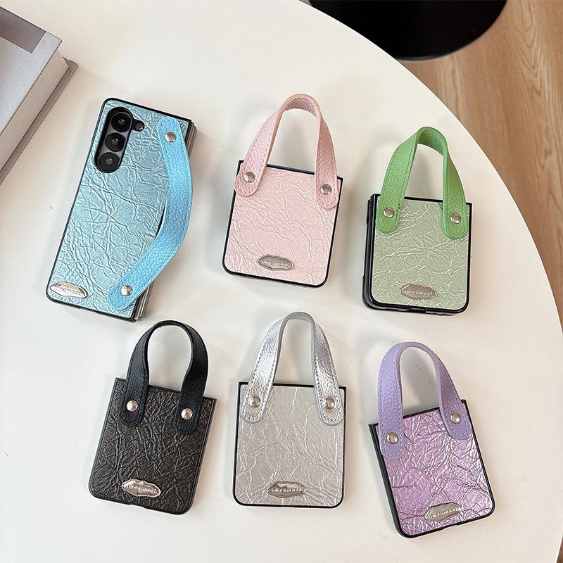 Solid Color Textured Leather Phone Case For Samsung Zflip6 Clamshell Fold7 Portable Wristband Pocket2 Women