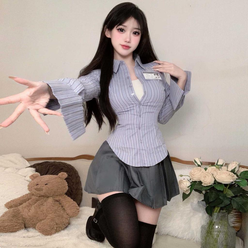 Sex Underwear JK Uniform Suit Pure Desire Spice Girls Striped Long Sleeve Shirt Design Sense Top Professional Suit Pure Desire