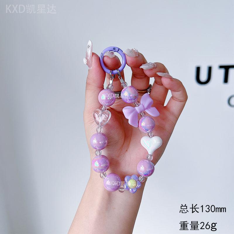 Trendy INS Solid Color Heart Bowknot Beaded Lanyard Universal Phone Case DIY Camera CCD Keychain Bracelet