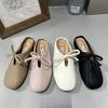 Thick heel half slippers retro evening breeze bow single shoes spring and summer design French women's shoes black loafers