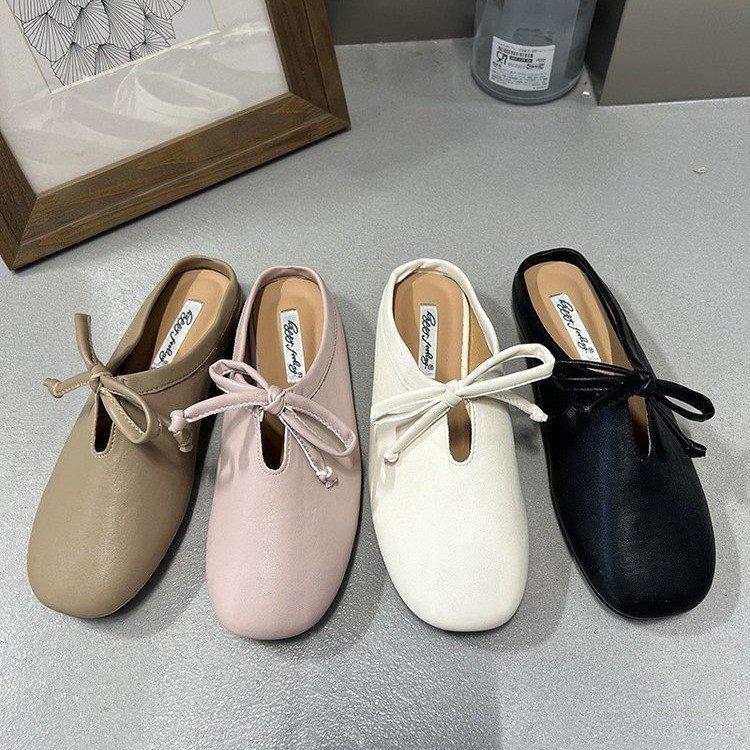 Thick heel half slippers retro evening breeze bow single shoes spring and summer design French women's shoes black loafers