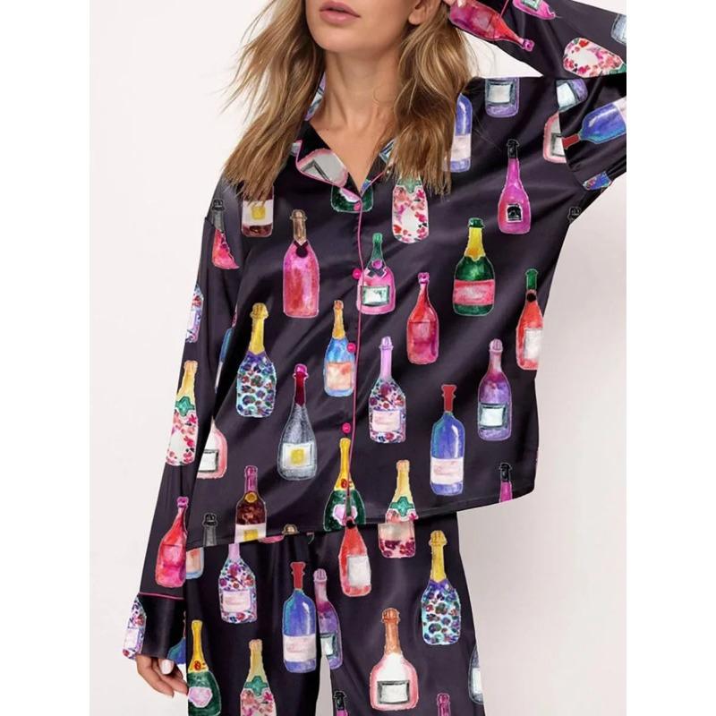 Pigiama da donna in raso Set da 2 pezzi Bottiglia di champagne Calici da vino Camicia a maniche lunghe con bottoni Pantaloni Raso Seta Abbigliamento da casa