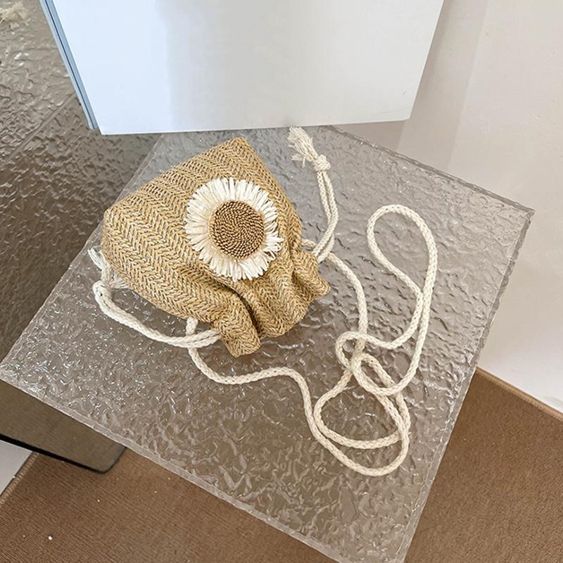 Słomkowe torby plażowe ze sznurkiem, torby z haftem kwiatowym, damskie plażowe torby typu bucket crossbody do podróży