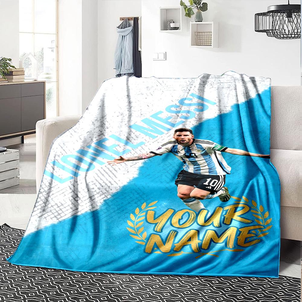 Football Messi Personalized Name Blanket Throw Customizable Blanket Ultra-Soft Perfect for Livingroom Home Decor Office Chair Couch