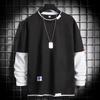 Men Spring T-shirt Fake Two-piece Round Neck Long Sleeves Loose Pullover Keep Warm Contrast Color Friendly to Skin Men Top Men Clothes