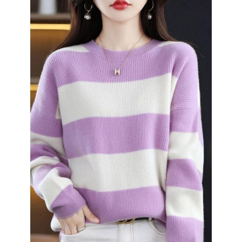 Black and White Striped Knitted Sweater for Women Autumn and Winter Round Neck Pullover Sweater