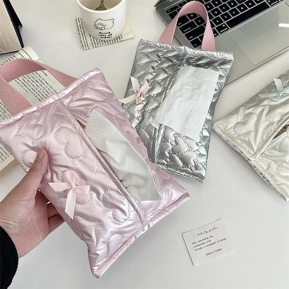 Silvery Bow Flip Cover Tissue Box Wet Wipes Case Car Hanging Bag Portable Paper Holder Removable Napkin Storage Case Home Decor