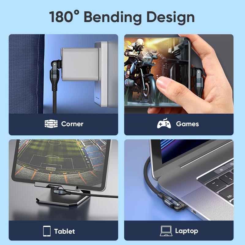 PD240W USB Type C To Rotatable 5A Fast Data Charging Compatible with Android and Other Devices Cable, USB-C USB-C, Right-Angled, 180° [1M + 1.8M],