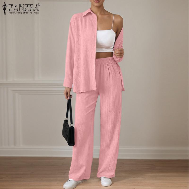 ZANZEA Women Long Sleeve Button Blouse and Pants Casual Two Piece Suit Sets
