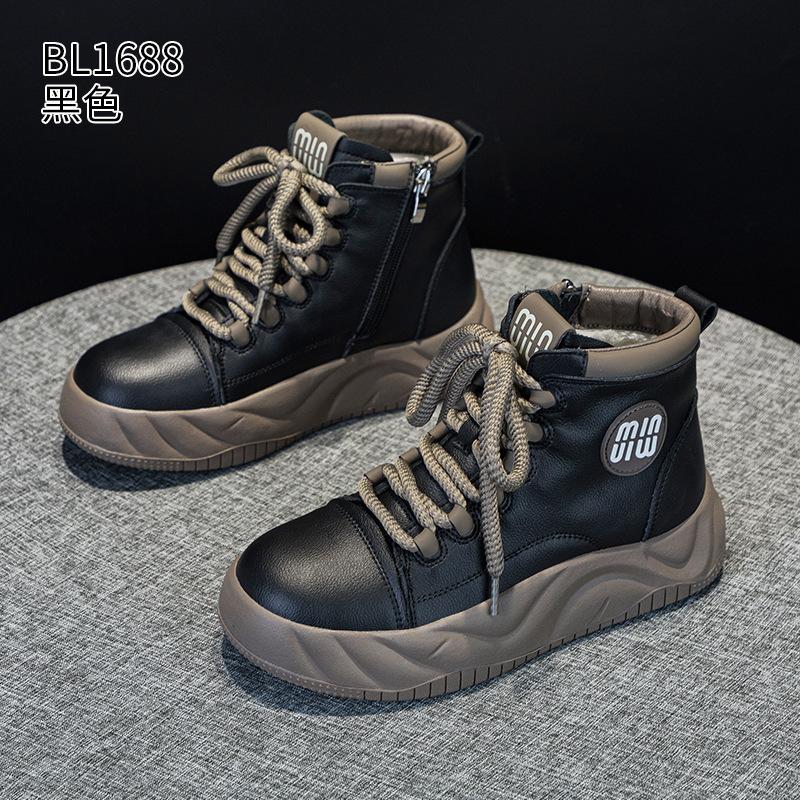 Platform high-top shoes autumn and winter new leather velvet short boots super fire casual board shoes
