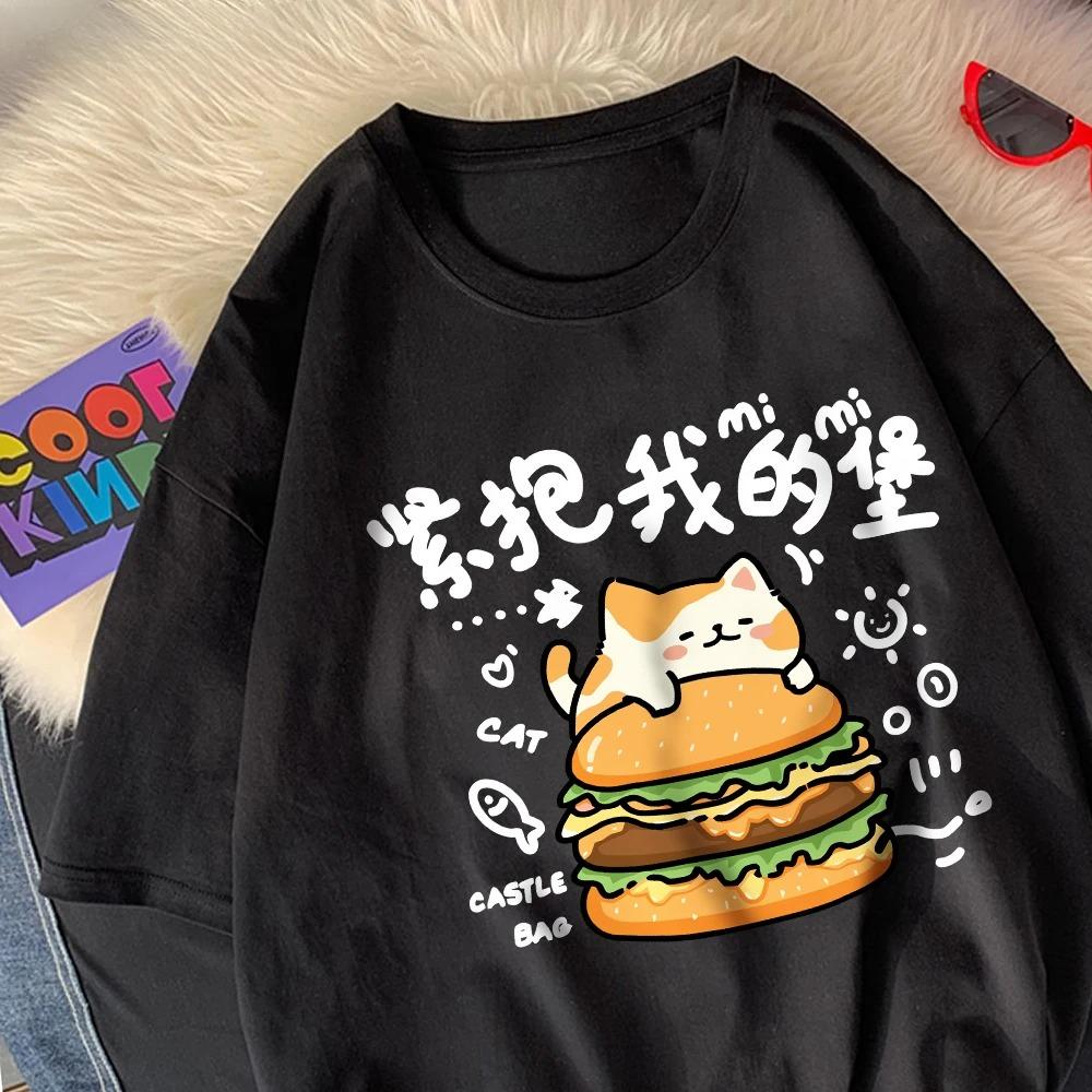 The Kitten Hugged His Burger Tightly Womens T-Shirts Cartoons Prints T Shirts O-Neck Soft Tops Summer Clothes Graphic T Shirts