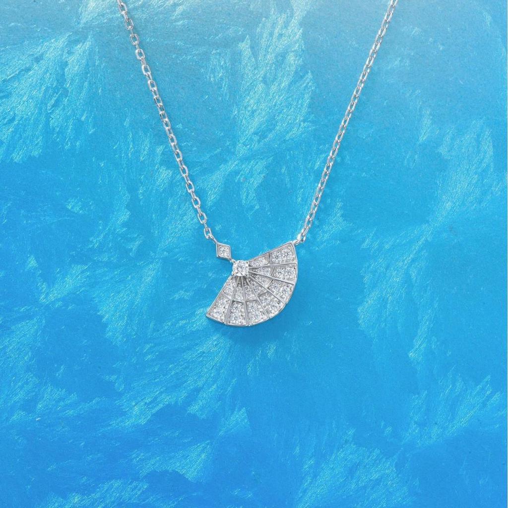 Silver Diamond Fan Necklace: Luxurious 925 Sterling Silver Pendant with Clavicle Chain for Women