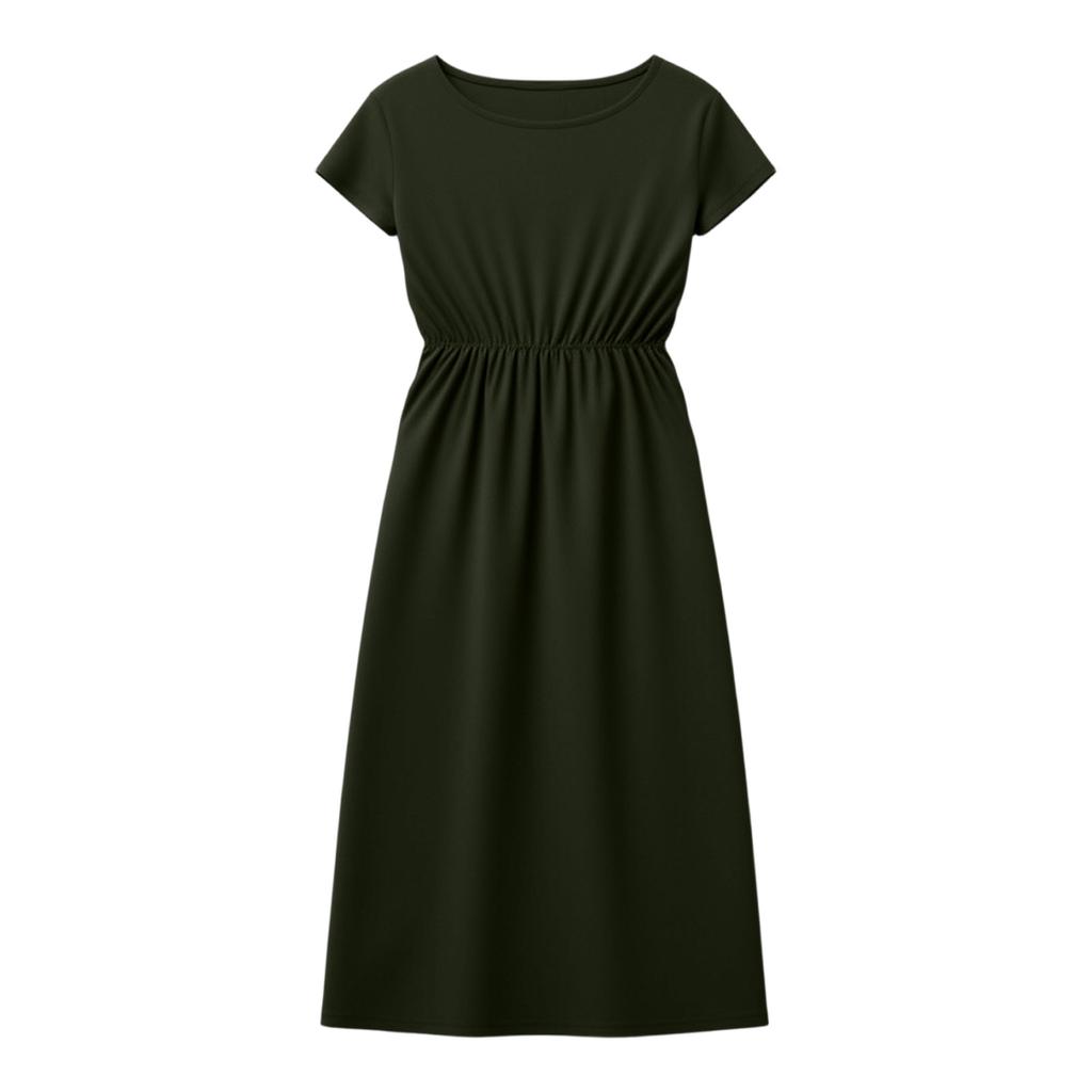 Women Short Sleeve Crew Neck Pocket Waist Cinched Loose Fit Casual Midi Dress for Everyday Wear Work Vacation