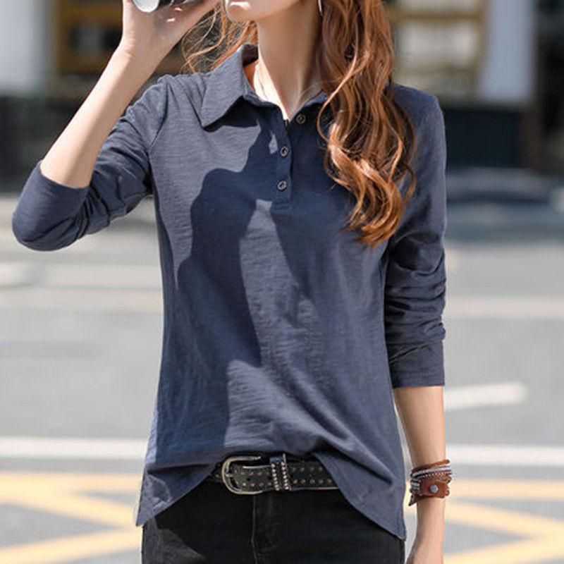 Polo Neck Shirts for Women Button Tops Plain T-shirt Woman Long Sleeve Tee