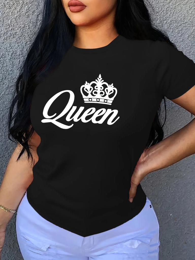 Queen Fashion Print Tricou pentru femei Top casual cu mânecă scurtă pentru primăvară și vară, îmbrăcăminte pentru femei, elemente de bază, guler O