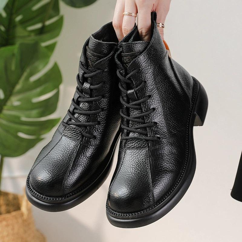 Autumn new first-layer cowhide mid-heel soft-soled women's short boots retro casual leather Martin boots warm women's cotton shoes