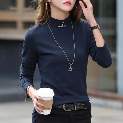 T-Shirt manches longues femme printemps coton col mi-haut femme Slim bureau T-Shirt coréen nouveau Za femme hauts t-shirts