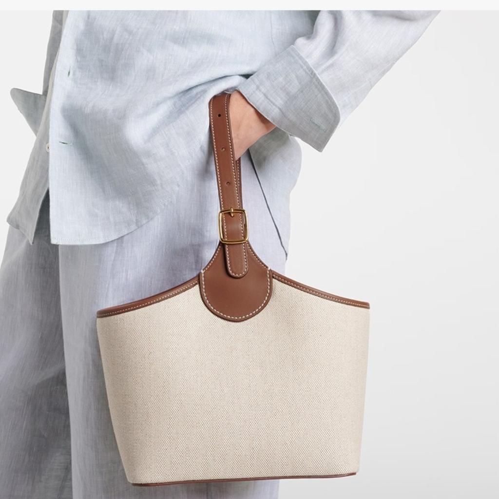 Women's Canvas & Genuine Leather Tote Bag, Small Bucket Shoulder Handbag, 20.8×13×15.7cm, for Work & Daily Use