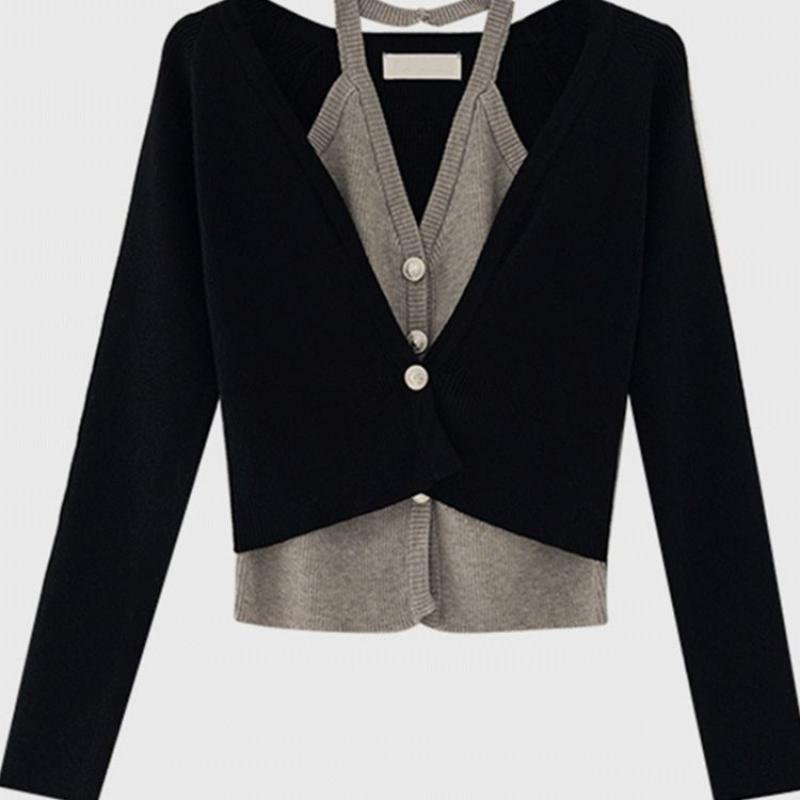 A Unique and Stylish Two-piece Patchwork Sweater for Women, A Short Autumn and Winter Slimming Design Knitted Base Layer
