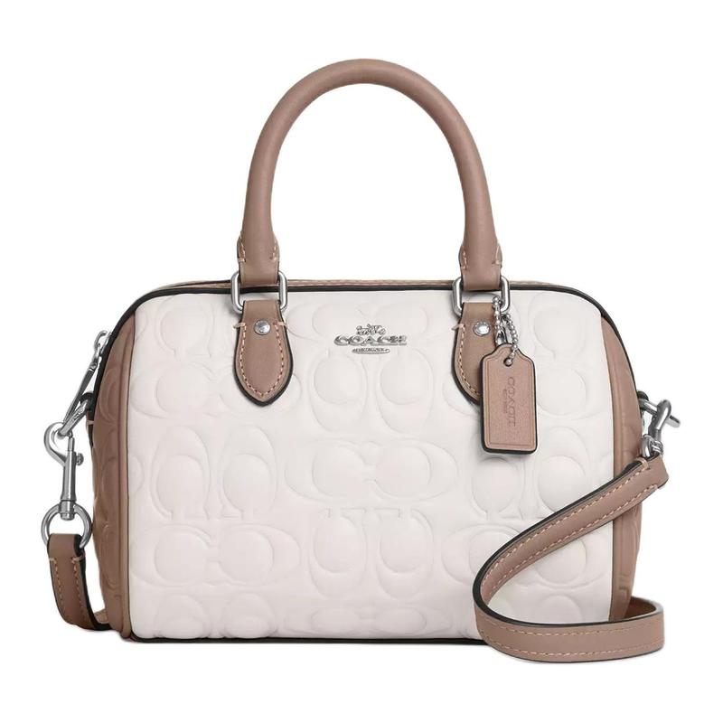 

COACH Rowan 17 Logo Zip Closure Smooth Leather Shoulder Crossbody Tote Small Women s Chalk and Taupe білий