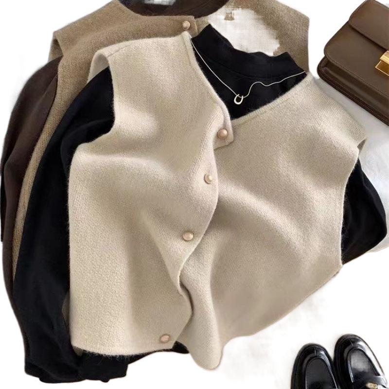 Sleeveless Gold Button Knitted Cardigan Vest for Women