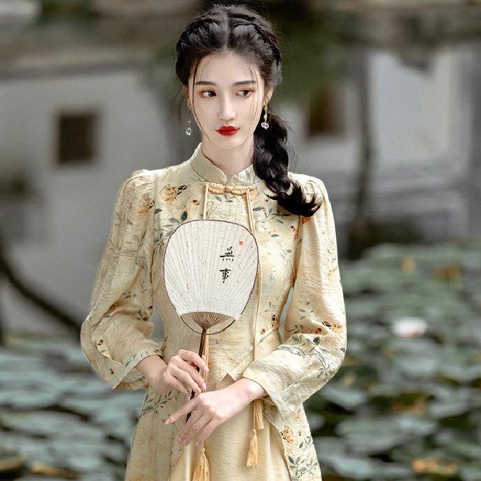 Women's Retro Chinese Buttoned Cheongsam Dress - Spring/Autumn Long Skirt