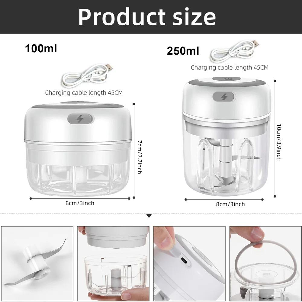 Electric Mini Food Chopper 100/250ml Rechargeable Small Food Processor for Garlic Onion Herb Veggie Ginger Fruit Puree Blender