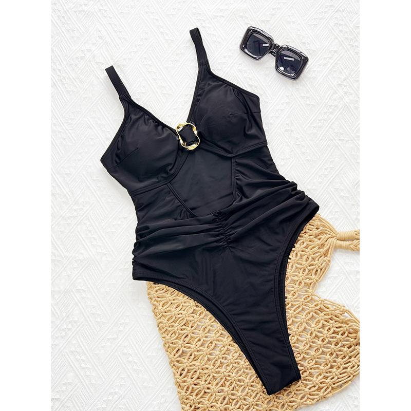 

Сексуальный слитный купальник с черной металлической пряжкой, женский, с вырезами, праздничный, с контролем живота, пляжный купальник L чёрный