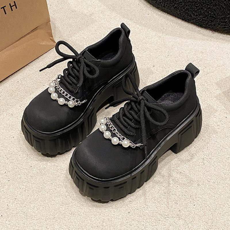 2025 autumn new small muffin lace-up jk loafers women's pearl platform British style platform single shoes