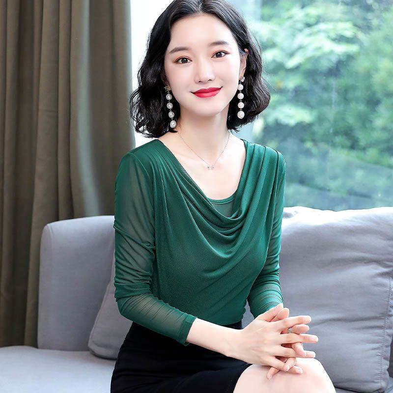 

Элегантная футболка с длинным рукавом большого размера для женщин, осенняя тонкая сетчатая блузка, модные повседневные топы 5XL зелёный