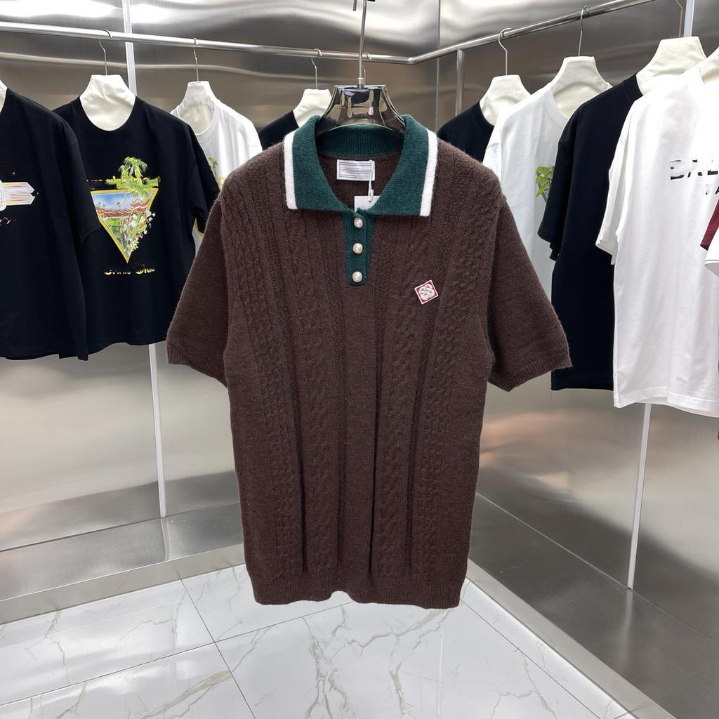Summer Unisex Color Block Striped Knit Wool Polo Shirt - Short Sleeve