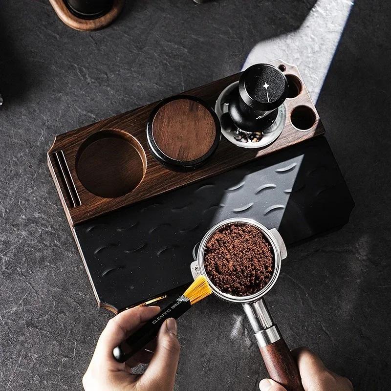 51/53/58mm Coffee Tamper Station Stand Wood Grain Base Coffee Portafilters Brush holder Espresso Tamper Pad Coffee Storage Tools