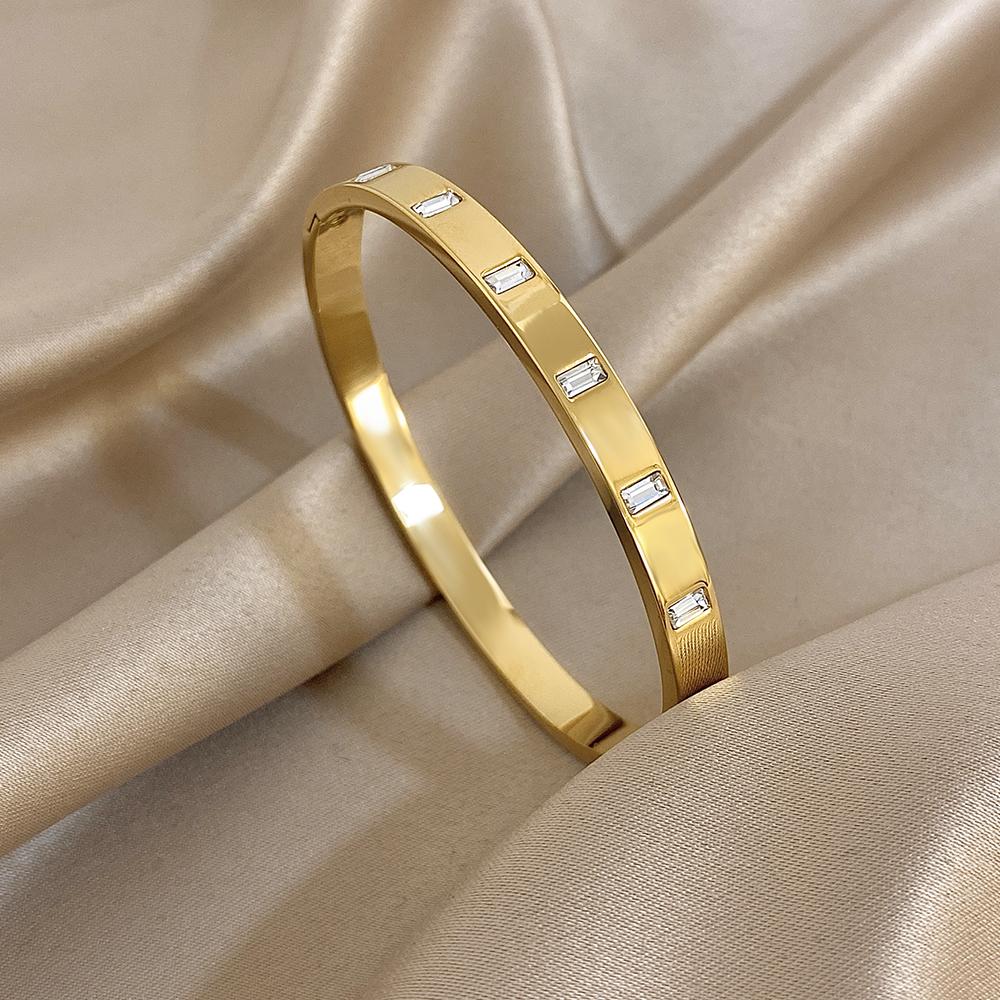 New Stainless Steel Waterproof Cuff Bracelet Bangle for Women Exquisite Shiny Inlaid Zircon Geometric Stacked Jewelry Gifts
