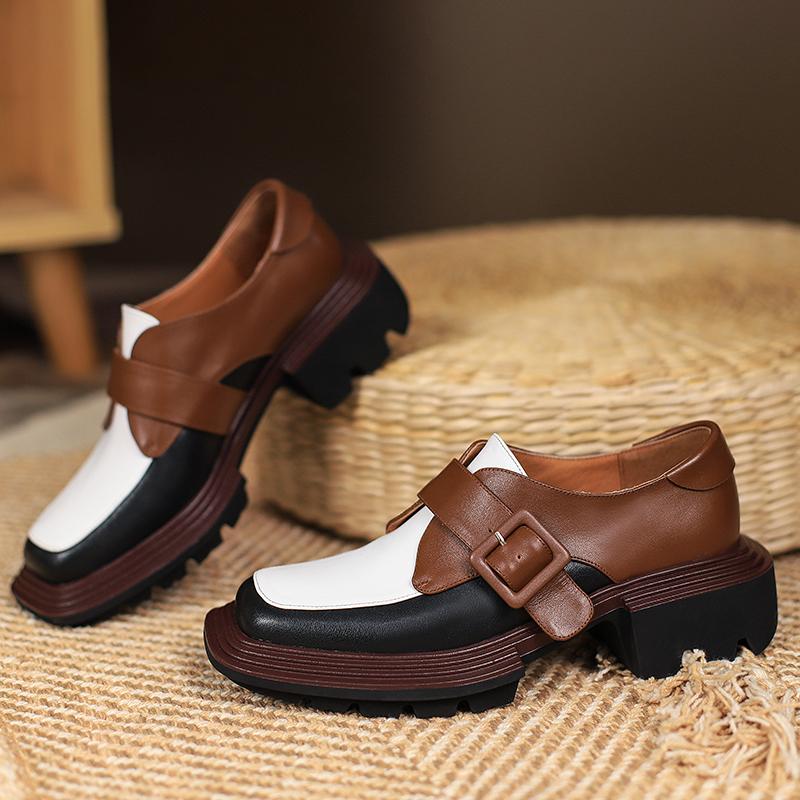 Fashion Mixed Colors Women Shoes 2025 New Genuine Leather Shoes Woman Heels Working Thick Botton Square Toe Women Shoes Shoes for Women
