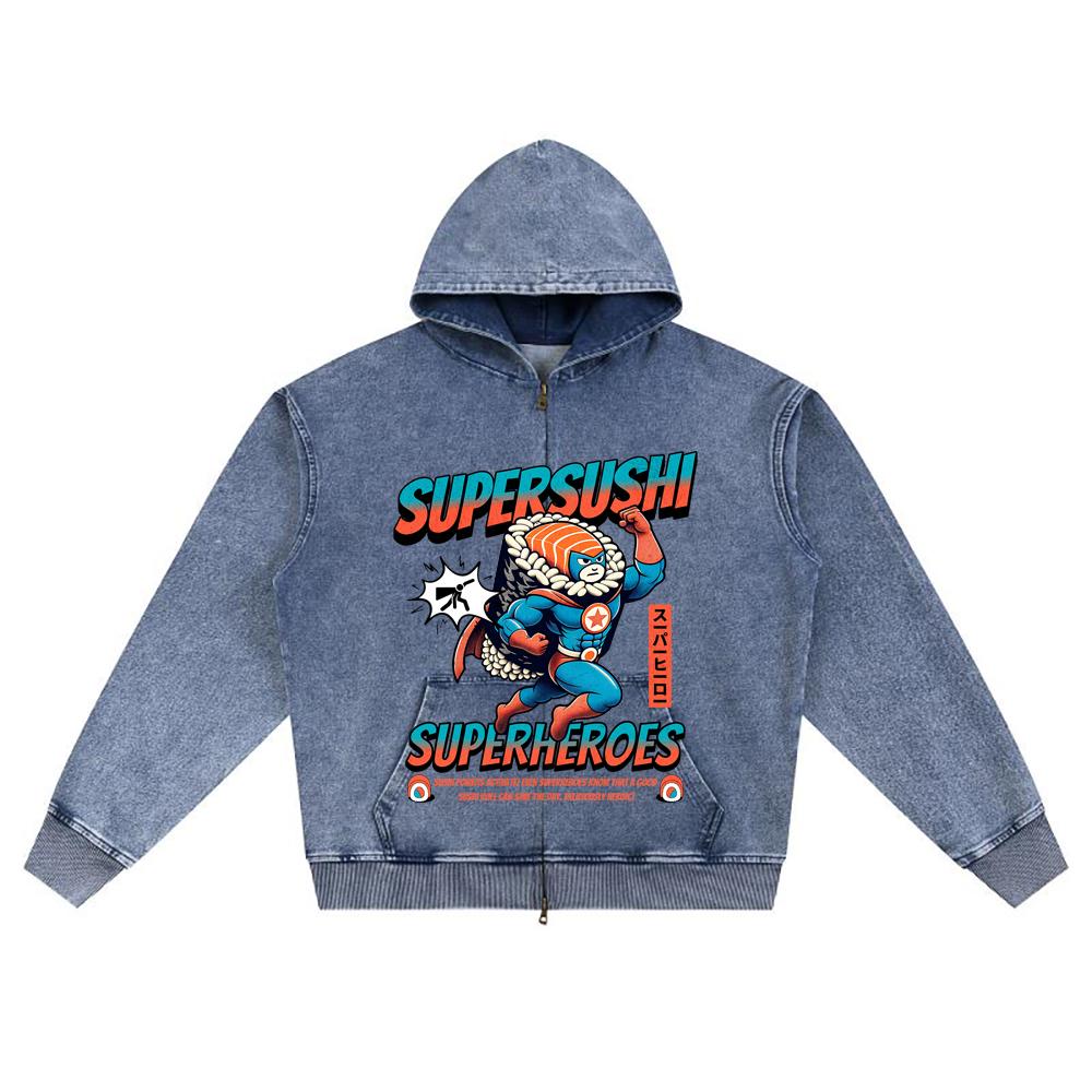 DTG Print Knitted Denim Zip-Up Hoodie Super Sushi Hero Japan Comic Superhero Food  Brother Print Zipper Hoodies  
