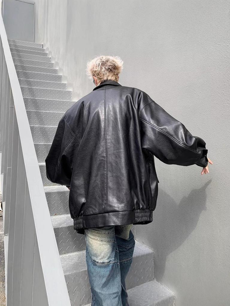 Men's Trendy PU Leather Motorcycle Jacket – Spring/Autumn, High-End Look, Handsome Casual Loose Fit, Lapel Design.