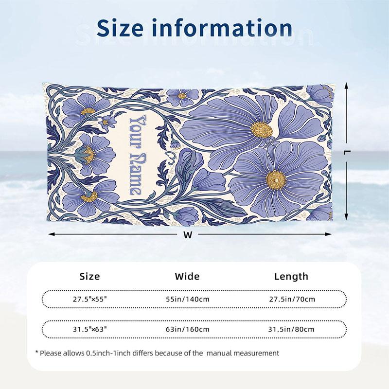 Floral Art Nouveau 4 Theme Quick Dry Beach Towel Custom Name Text Print Large Sand Resistant Towel Beach Vacation