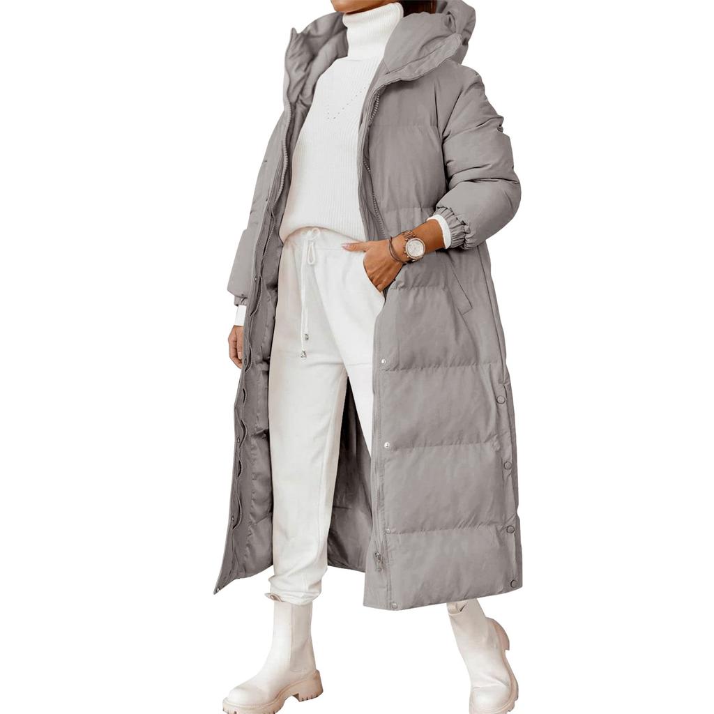 Women's Solid Color Hooded Long -style Temperament Cotton Coat Fashion Zipper Long -sleeved Pocket Jacket