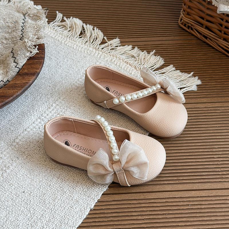 Frühling/Herbst 2026 Mädchen Quadratische Zehenpartie Perlen Schleife Prinzessin Schuhe - Weiche Sohle Rutschfeste Loafer