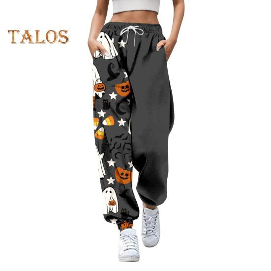 Damen Jogginghose, elastische hohe Taille, verstellbarer Kordelzug, Joggerhose mit Halloween-Kürbis-Print, Fitnesshose