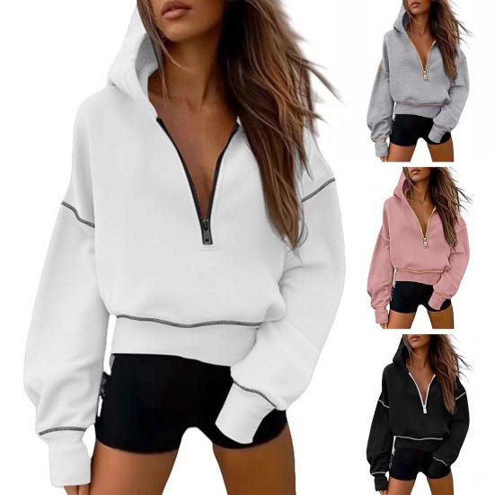 Women Short Sweatshirt Solid Color Long Sleeve Pullover Hooded Sweatshirt Loose Fit Zipper Half Placket Tops